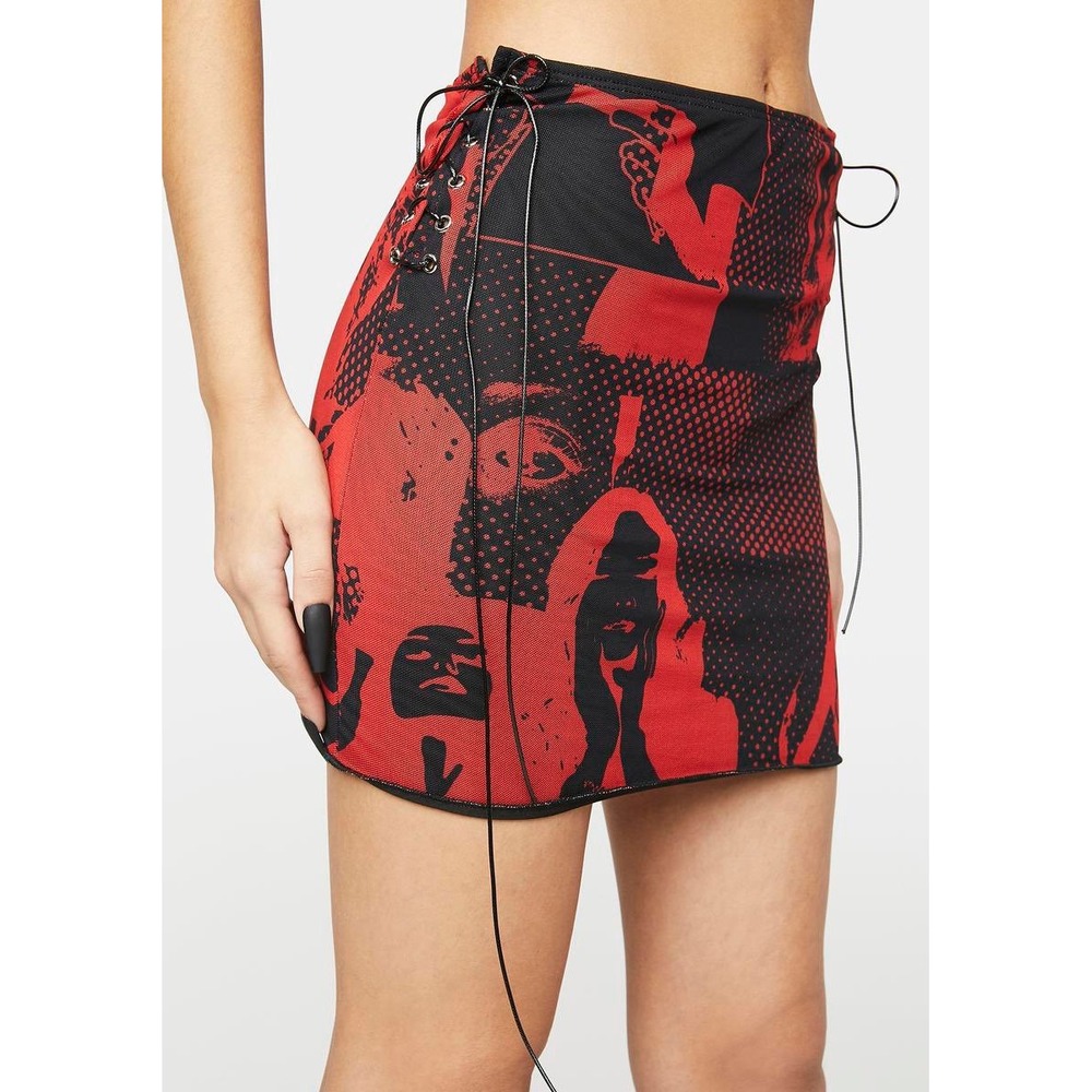 Edikted Red Black Graphic Face Print Mesh Mini Skirt Side Lace Up Small